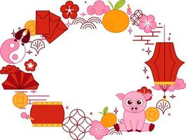 Chinese new year of pink pig 2031 oval frame template for your text. CNY lantern lunar festival related objects graphic illustration vector