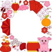 Chinese new year of pig 2031 graphic line square frame, New Year background material. pink pig, transparent background vector
