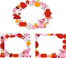 CNY Lantern festival of pig 2031 oval frame set with chinese traditional elements and horse. graphic line template set on transparent background vector