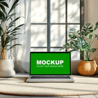 laptop mockup on a rug in front of a window psd