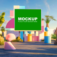 3d render of colorful building with palm trees psd