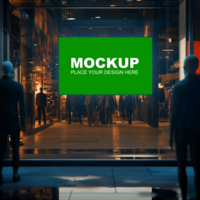 people walking in front of a store window with a mockup sign psd