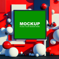 3d mockup of a red square frame with white spheres and red and black background psd