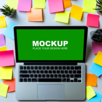 laptop mockup with sticky notes and post-it notes on white background psd