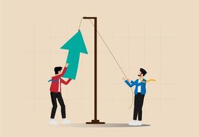 flat illustration Focusing on goals, pulling arrows, support and teamwork, helping in overcoming obstacles illustration vector