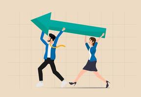 Flat illustration Team success and improvement, businessman and woman teamwork help carry big growth rising up arrow graph, sharing same business goal and direction, support and partnership vector