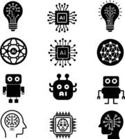 AI black and white icons of various types of technology vector