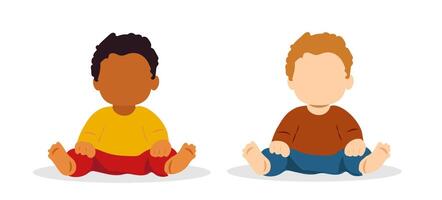 illustration of two babies sitting side by side in casual attire on a simple background vector