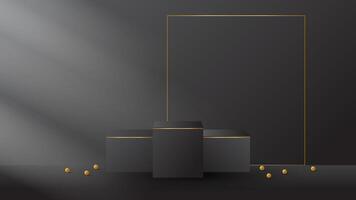 the three display podium black luxury gold modern presentation product background . stage empty dark design pedestal minimal showcase template space vector