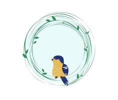 Bright bird sitting on branch, round frame,border. National Bird Day. Background for postcard, banner, place for text, festive background vector