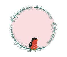 Round frame with bright bird sitting on a branch. National Bird Day. Natural background for postcard, banner, place for text. vector