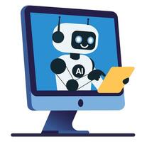 Robot with yellow tablet from monitor screen vector