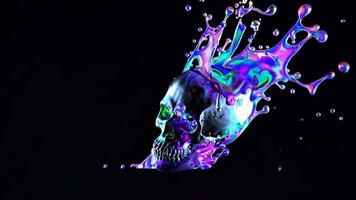 A skull with colorful liquid splashing on it video