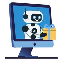 Illustration chat bot, robot with gift from monitor screen isolated white background vector