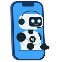 Cute chatbot, robot greeting from mobile phone screen vector