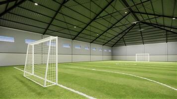 3D Design of an Indoor Mini Soccer and Futsal Field with Artificial Grass, Geometric Roofing, and Daylight Integration footage 4k video