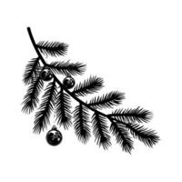 Silhouette Christmas tree branch with ornament hanging from it on white background. vector