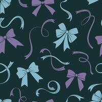 seamless pattern with bows and ribbons on a dark background. blue and lavender color backdrop with tided bows and ribbons with curving, flowing lines. Cheerful design for textile, wrapping, wallpaper vector