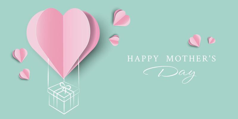 Happy Mothers Day Banner with Paper Cut Heart, Doodle Element and Modern Text. Happy Valentines Day Background in Origami Style. Illustration Minimalistic Greeting Card Happy Women's Day.