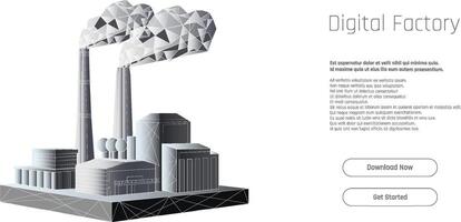 Digital factory showcasing modern industrial design with geometric shapes and smoke stacks against a clean background. vector