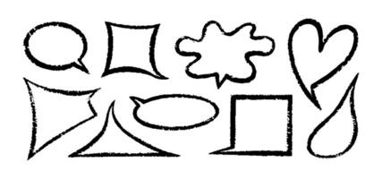 Chalk speech bubble set. Crayon color dialogue cloud frame different forms by pencil. Hand drawn Circle, heart, abstract talk cute charcoal box. Doodle illustration vector