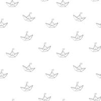 Seamless pattern of paper boat with a flag. Hand drawn outline origami illustration in black and white color. Etching of Sailboat background. Outline print for fabric, textile, wallpaper vector