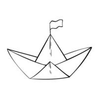 paper boat with a flag. Hand drawn outline origami illustration in black and white color. Simple contour drawing for icon or logo in monochrome. Etching of Sailboat vector