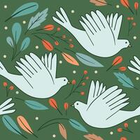 Seamless pattern with leaves and doves vector