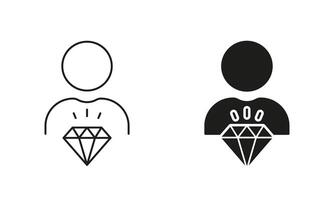 Man with Diamond, Corporate Ideology Line and Silhouette Icon Set. Person is Core Values, Business Principles at Work. Employee Value Icon. Editable Stroke. Isolated Illustration vector