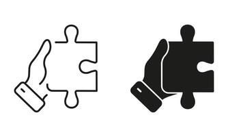 Human Hand Holds Jigsaw Piece Line and Silhouette Icon Set. Puzzle Game Solution. Success Teamwork Linear Pictogram. Problem Solving, Idea Sign. Editable Stroke. Isolated Illustration vector