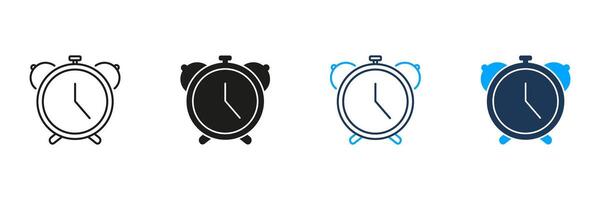 Traditional Alarm Clock Line and Silhouette Icon Set. Morning Wake Up Timer Symbol. Classic Alarm Clock, Time Reminder. Timekeeping and Wake Up Device. Editable Stroke. Isolated Illustration vector