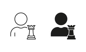 Success in Competition, Strategist Man with Chess Figure Pictogram. Chess Strategy Line and Silhouette Icon Set. Strategic Approach Symbol. Editable Stroke. Isolated Illustration vector