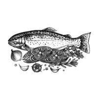 Trout, whole and sliced, with lemon and vegetables. A hand-drawn graphic illustration. Black and white image of seafood. On a white background. For menus, recipe, packages, labels, invitations. vector