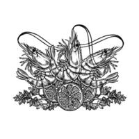 Shrimp with lemon and herbs. A hand-drawn graphic illustration. Black and white image of seafood. On a white background. For menus, recipe books, packages, labels. vector