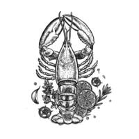 Lobster with lemon, herbs and vegetables. A hand-drawn graphic illustration. Black and white image of seafood. Separate from the background. Suitable for menus, recipe books, packages, labels. vector