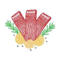 Fillet of red fish, sliced, with lemon and herbs. Hand-drawn illustration. A color image of a fish dish. On a white background. For menus, recipe books, packages, labels, invitations, banners. vector