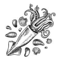 Sea squid, shells and pebbles. A hand-drawn graphic illustration. Black and white image of marine objects. Separate from the background. Perfect for menus, recipe books, packages, labels. vector