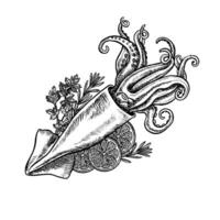 Squid with lemon and herbs. A hand-drawn graphic illustration. Black and white image of seafood. Separate from the background. Perfect for menus, recipe books, packages, labels, invitations. vector