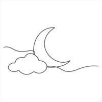 Crescent Moon and cloud one line continuous Line Art vector