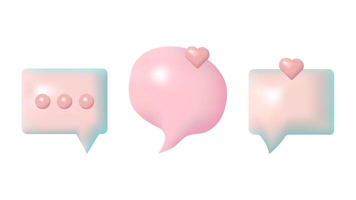 3D speech bubbles different shapes message icon. Sweet heart. For social media advertising posters. isolated set.
