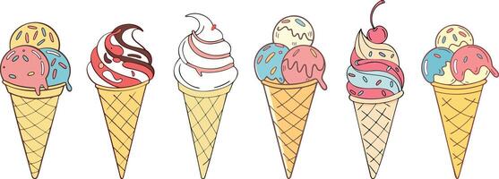 A collection of whimsical ice cream cones in various flavors, featuring a mix of scoops and swirls. vector