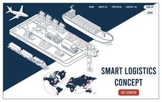3D isometric template showcasing smart logistics solutions that integrate delivery robots, warehouse management systems, and transportation to optimize the entire supply chain process. vector