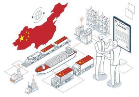 International business negotiations focusing on logistics services between China and foreign partners, encompassing import-export operations, cargo distribution, and storage solutions. vector