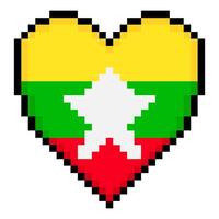 Myanmar flag with heart shape in pixel art style vector