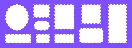 White postage stamps set. Post stamp frames and borders. Rectangle, square, ellipse template for mail, postcard, letter, note. Jagged wavy edge forms. Zig zag objects for badge, sticker, photo vector