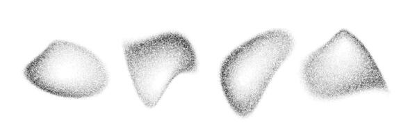 Fading dotted gradient drop shapes. Black stippled liquid object set. Grainy spray spots and stains. Noise splashes and splatters forms. Dissolve sand dust texture. Fluid halftone elements vector
