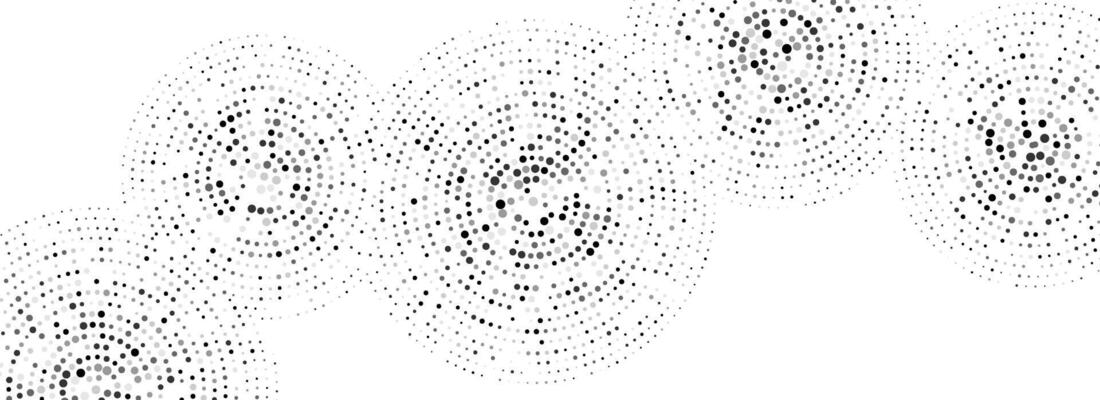 Black concentric dotted circles pattern. Rippled sound wave rings background. Radial halftone abstract wallpaper. Tech circular particles texture for banner, poster, presentation.