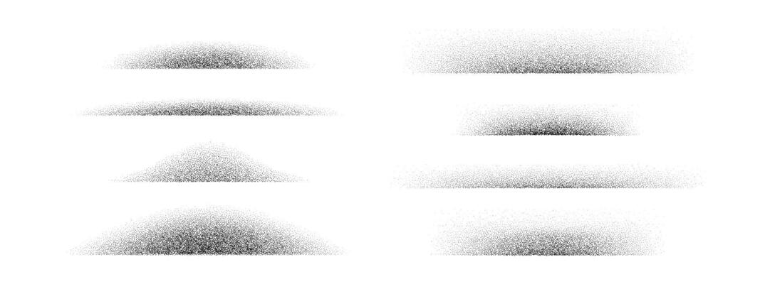 Dotted fading shadow set. Stippled shade effect collection. Textured vanishing halftone gradient stripes. Black sprayed grainy strips pack. Noise edge bundle for separate and divide.