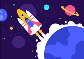 Sci-Fi Space Exploration Illustration with an Astronaut, Rocket, and Colorful Planets vector