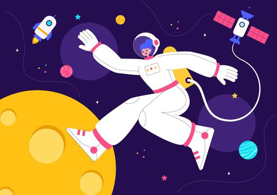 Astronaut in Outer Space Illustration with Stars, Planets, and a Rocket in a Flat Style